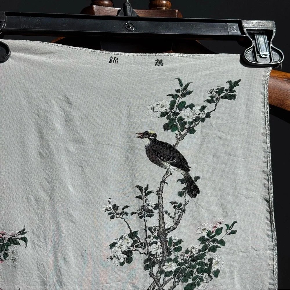 Bird & Tree Printed Scarf - White with Green and Brown Detail